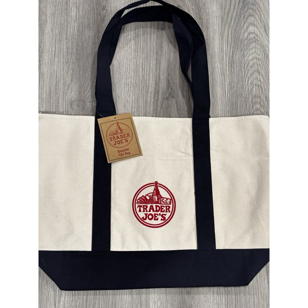 Trader Joe's Canvas Tote Bag in Natural and Black with Red Logo